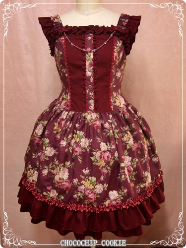 グログランリボン付き薔薇柄ジャンパースカート
